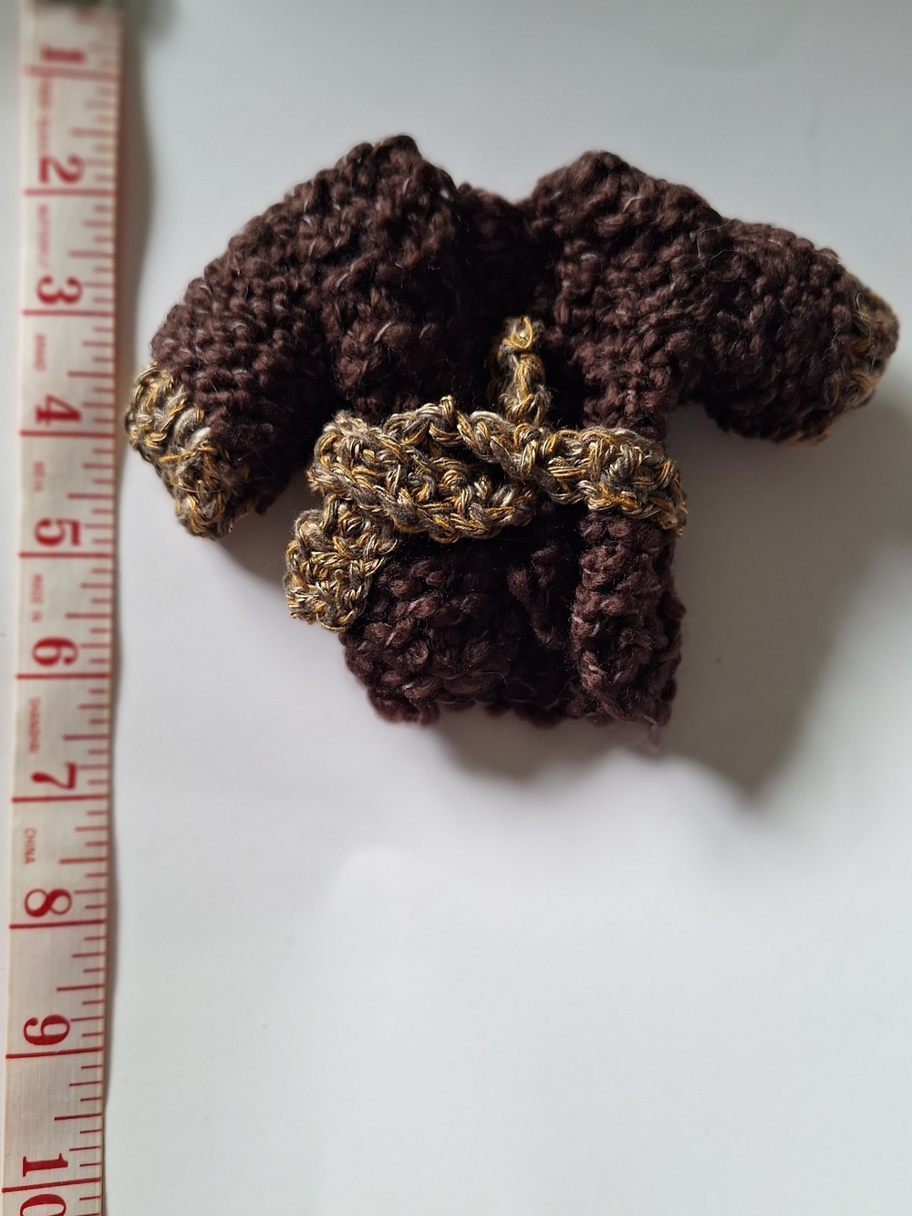 Hand-Crocheted Brown Doll Coat with Gold/brown Trim